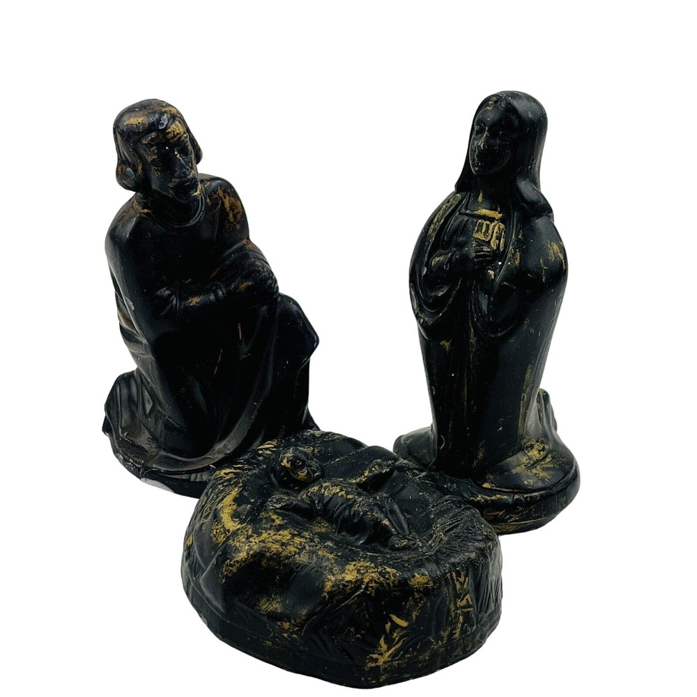 Vtg Holy Family Wax Figurines Mary‎ Joseph Jesus Christmas Nativity Black & Gold